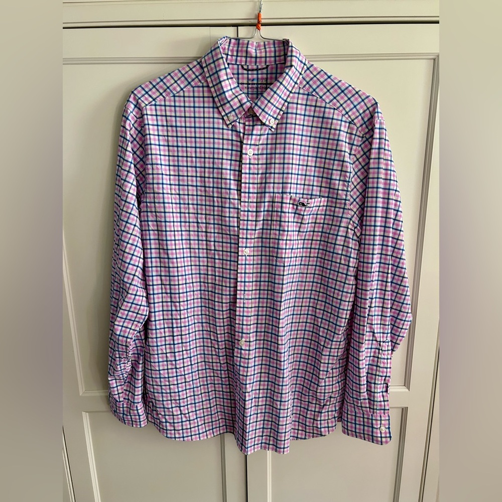 Vineyard Vines Pink and Blue Plaid Shirt, Large